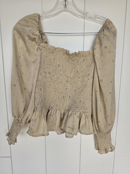 mine Tops - Mine Beige Smocked Square -Neck Polka Dot Peplum Top - Women